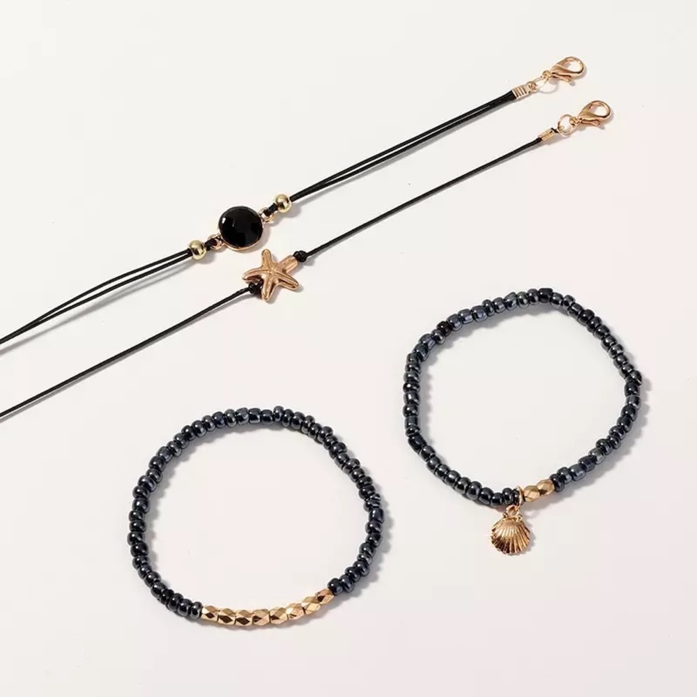 4 Pcs Black & Gold Starfish and Shell Bracelet Set - Picture 5 of 8